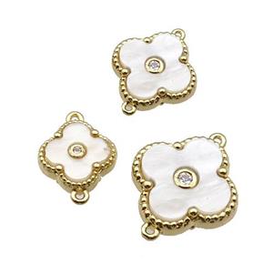 copper Clover connector pave white shell, gold plated, approx 10mm [FN28828-S]