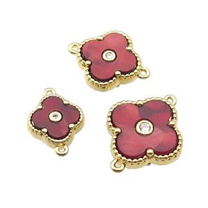 copper Clover connector pave red shell, gold plated, approx 15mm [FN28830-L]
