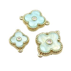 copper Clover connector pave green shell, gold plated, approx 15mm [FN28832-L]