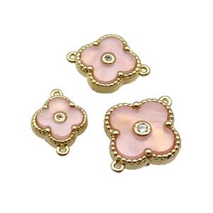 copper Clover connector pave pink shell, gold plated, approx 15mm [FN28833-L]