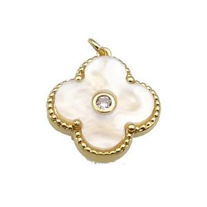 copper Clover pendant pave white shell, gold plated, approx 18mm [FN28835]