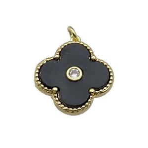 copper Clover pendant pave black shell, gold plated, approx 18mm [FN28836]
