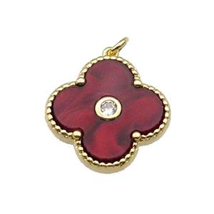 copper Clover pendant pave red shell, gold plated, approx 18mm [FN28837]