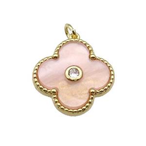 copper Clover pendant pave peach shell, gold plated, approx 18mm [FN28840]
