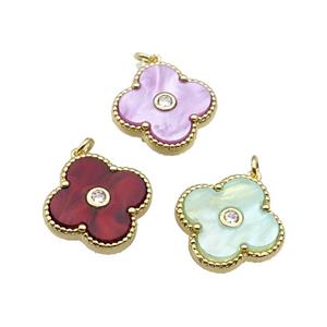 copper Clover pendant pave shell, gold plated, mixed, approx 18mm [FN28841]