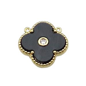 copper Clover pendant pave black shell, gold plated, approx 18mm [FN28843]