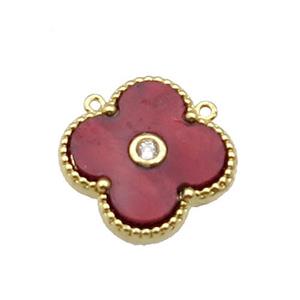 copper Clover pendant pave red shell, gold plated, approx 18mm [FN28844]