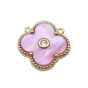 copper Clover pendant pave pink shell, gold plated, approx 18mm [FN28845]