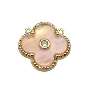 copper Clover pendant pave peach shell, gold plated, approx 18mm [FN28847]