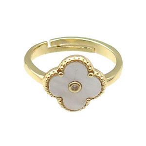 copper Clover Ring pave white shell, gold plated, approx 12mm, 18mm dia [FN28849]