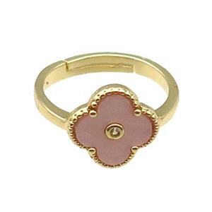 copper Clover Ring pave peach shell, gold plated, approx 12mm, 18mm dia [FN28854]