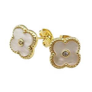 copper Colover Stud Earring pave white shell, gold plated, approx 12mm [FN28856]