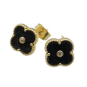 copper Colover Stud Earring pave black shell, gold plated, approx 12mm [FN28857]