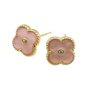 copper Colover Stud Earring pave peach shell, gold plated, approx 12mm [FN28861]