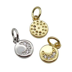 copper circle moon pendant paved zircon, mixed, approx 7mm [FN28913]