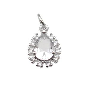 copper teardrop pendant pave zircon, platinum plated, approx 10-12mm [FN28941]