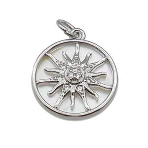 copper circle sunflower pendant pave zircon, shell, platinum plated, approx 15mm dia [FN28948]
