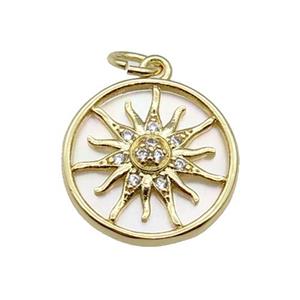 copper circle sunflower pendant pave zircon, shell, gold plated, approx 15mm dia [FN28949]