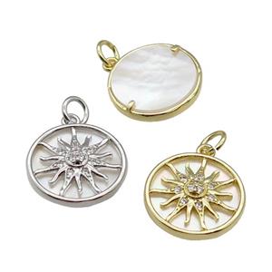 copper circle sunflower pendant pave zircon, shell, mixed, approx 15mm dia [FN28950]