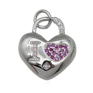 copper Heart pendant pave zircon, I-LOVE, platinum plated, approx 15mm [FN28951]