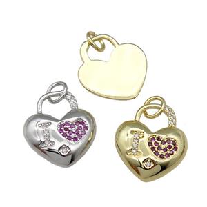 copper Heart pendant pave zircon, I-LOVE, mixed, approx 15mm [FN28953]