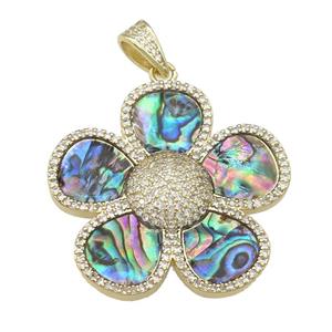 copper Flower pendant pave abalone shell, zircon, gold plated, approx 38mm [FN28988]