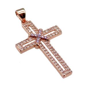 copper christian Cross pendant pave zircon, rose gold, approx 19-30mm [FN29076]