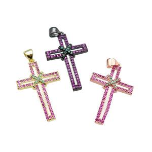 copper christian Cross pendant pave hotpionk zircon, mixed, approx 19-30mm [FN29088]