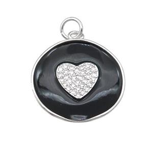 copper circle heart pendant pave zircon with black enamel, platinum plated, approx 20mm dia [FN29150]