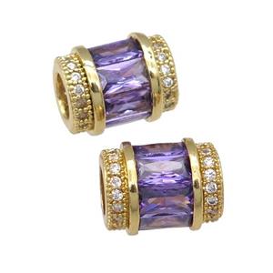 copper tube beads pave purple zircon, gold plated, approx 9-12mm, 5mm hole [FN29163]