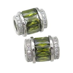 copper tube beads pave green zircon, platinum plated, approx 9-12mm, 5mm hole [FN29165]
