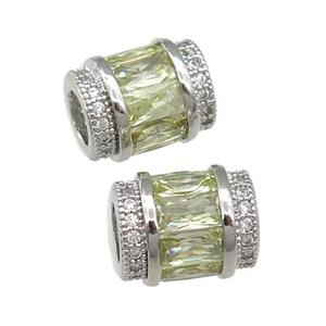 copper tube beads pave lt.green zircon, platinum plated, approx 9-12mm, 5mm hole [FN29168]