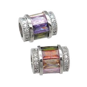 copper tube beads pave zircon, multicolor, platinum plated, large hole, approx 9-12mm, 5mm hole [FN29170]