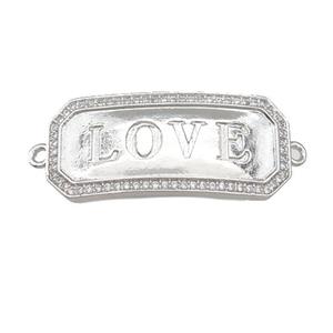 copper rectangle connector pave zircon, LOVE, platinum plated, approx 16-33mm [FN29205]