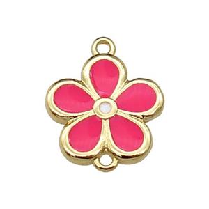 copper flower connector with hotpink enamel, gold plated, approx 12mm [FN29242]