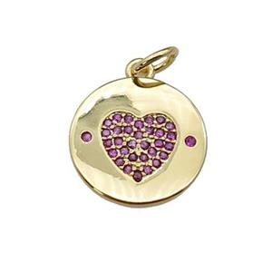 copper circle Heart pendant paved hotpink zircon, gold plated, approx 14mm dia [FN29291]
