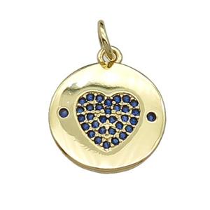 copper circle Heart pendant paved blue zircon, gold plated, approx 14mm dia [FN29292]