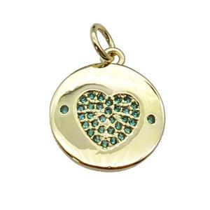 copper circle Heart pendant paved green zircon, gold plated, approx 14mm dia [FN29293]
