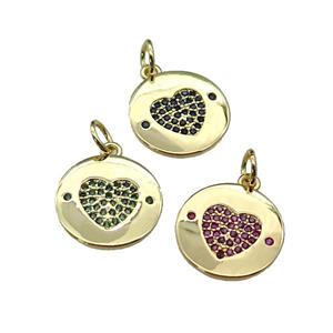 copper circle Heart pendant paved zircon, gold plated, mixed, approx 14mm dia [FN29294]