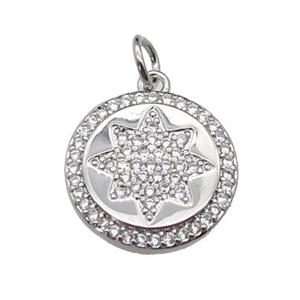 copper circle star pendant pave zircon, platinum plated, approx 15mm dia [FN29310]