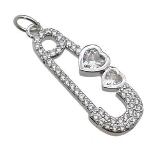 copper Safety Pins pendant pave zircon, platinum plated, approx 10-24mm [FN29313]