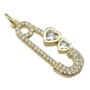 copper Safety Pins pendant pave zircon, gold plated, approx 10-24mm [FN29314]
