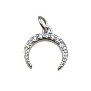 copper crescent moon pendant paved zircon, platinum plated, approx 12mm [FN29413]