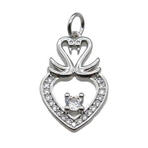 copper Heart pendant paved zircon, swan, platinum plated, approx 12-20mm [FN29416]