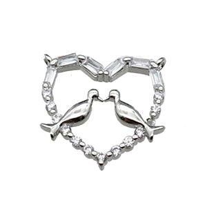 copper Heart pendant pave zircon, couple birds, platinum plated, approx 17-18mm [FN29419]