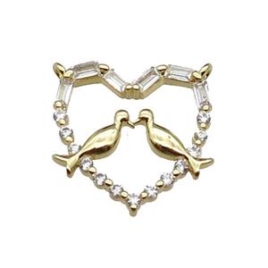 copper Heart pendant pave zircon, couple birds, gold plated, approx 17-18mm [FN29420]