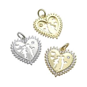 copper Heart pendant pave zircon, couple, mixed, approx 16mm [FN29452]