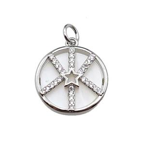 copper circle star pendant pave zircon, shell, platinum plated, approx 16mm dia [FN29472]