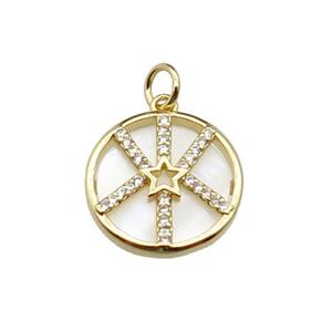 copper circle star pendant pave zircon, shell, gold plated, approx 16mm dia [FN29473]