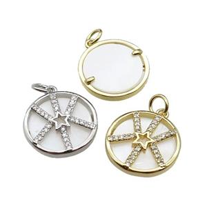 copper circle star pendant pave zircon, shell, mixed, approx 16mm dia [FN29474]